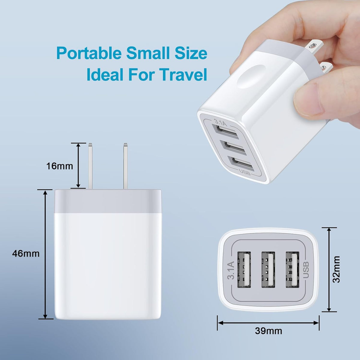 USB Wall Charger,  2Pack Wall Plug 3-Port USB Charging Station 3.1A Power Adapter Multi Port Quick Charger Block Cube for Iphone 17 16 15 14 13 12 11 Pro XS MAX 8 Ipad Samsung Galaxy S25 S24 S23