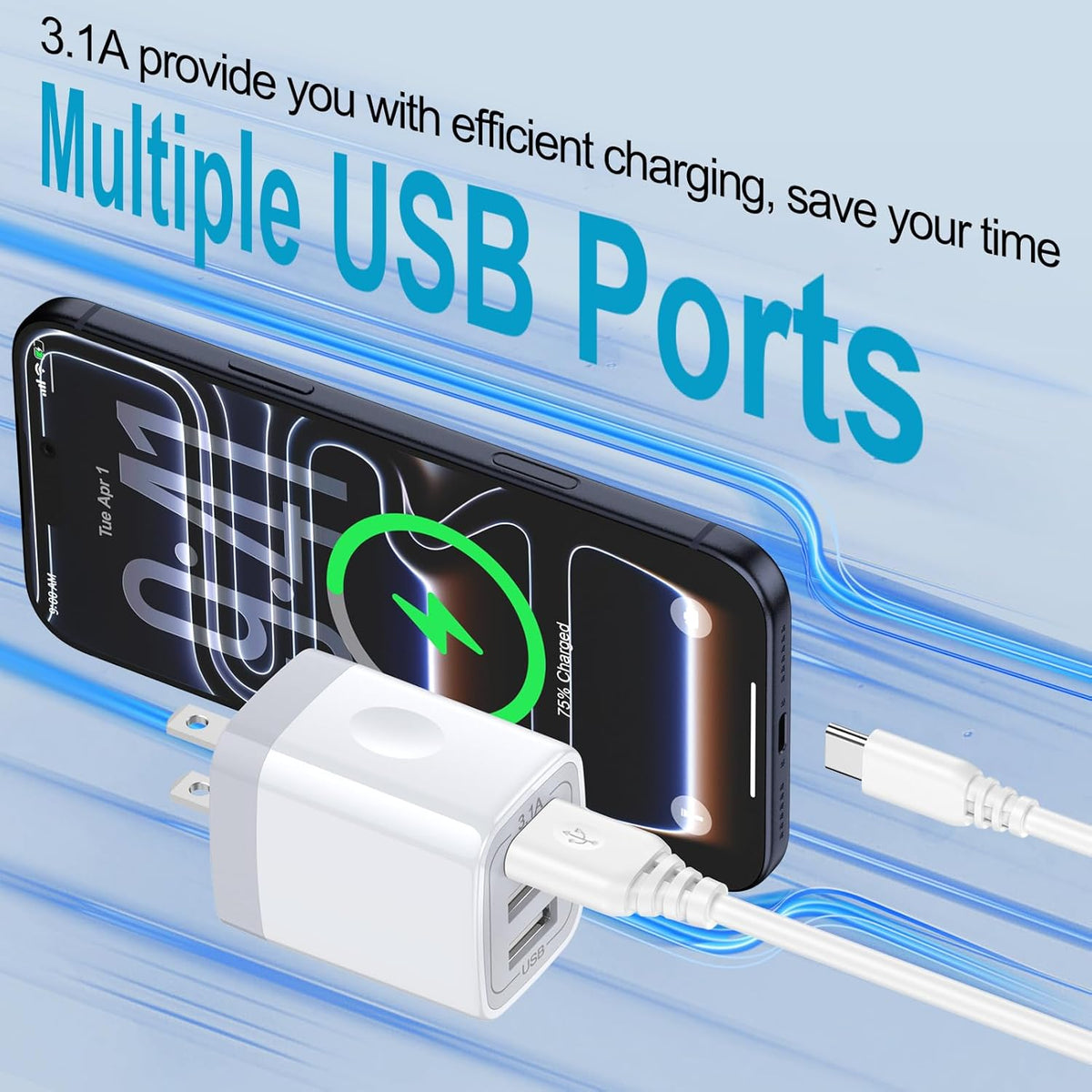 USB Wall Charger,  2Pack Wall Plug 3-Port USB Charging Station 3.1A Power Adapter Multi Port Quick Charger Block Cube for Iphone 17 16 15 14 13 12 11 Pro XS MAX 8 Ipad Samsung Galaxy S25 S24 S23