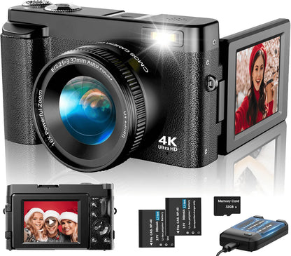 Vlogging Camera 4K Digital Cameras 48MP for Photography Autofocus 16X Digital Zoom for Youtube with 32GB Card
