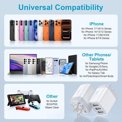 USB Wall Charger,  2Pack Wall Plug 3-Port USB Charging Station 3.1A Power Adapter Multi Port Quick Charger Block Cube for Iphone 17 16 15 14 13 12 11 Pro XS MAX 8 Ipad Samsung Galaxy S25 S24 S23