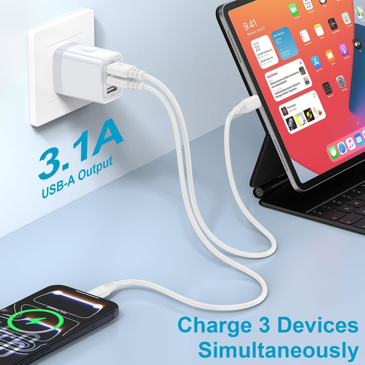 USB Wall Charger,  2Pack Wall Plug 3-Port USB Charging Station 3.1A Power Adapter Multi Port Quick Charger Block Cube for Iphone 17 16 15 14 13 12 11 Pro XS MAX 8 Ipad Samsung Galaxy S25 S24 S23
